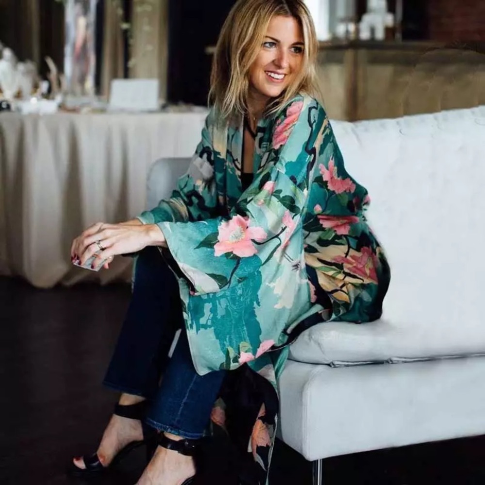 SOLD OUT Turquoise Boho Floral Crane Open Kimono Robe Wrap - Picture 7 of 9
